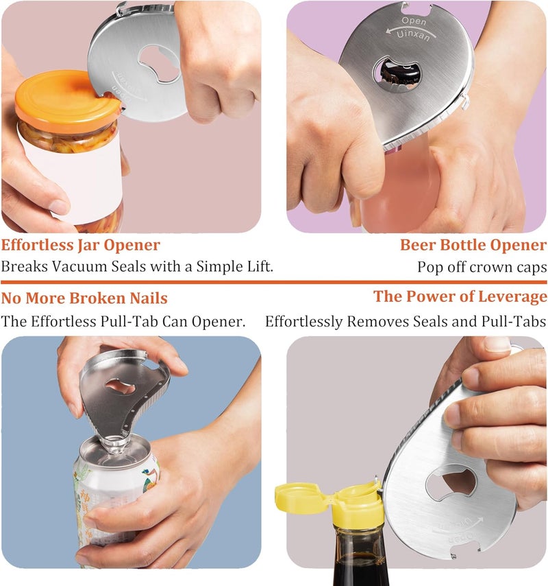 Uinxan Jar Bottle Can Opener for Weak Hand & Seniors with Arthritis-Easy Twist Off Caps (0.6"-2.7") & Pull Tab Seals,Unique Kitchen Gadget,Multi,Portable Christmas Gifts for Elderly/Women/Men (Silver) - Image 4